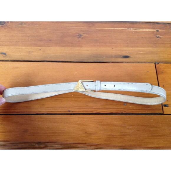 Vtg 70s 80s Evan Picone Skinny Gray Leather Belt w Solid Brass Logo Buckle 34